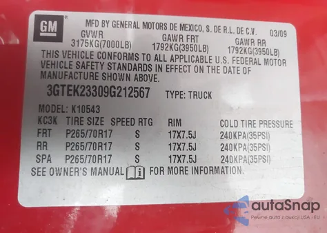 2009 GMC Sierra 1500 Sle z USA, uszkodzony, nr VIN 3GTEK23309G212567